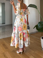 Dames Vierkante Hals Bloemenprint Midi Jurk