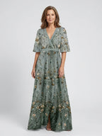 Dames Geborduurde Bloemenprint Maxi Jurk