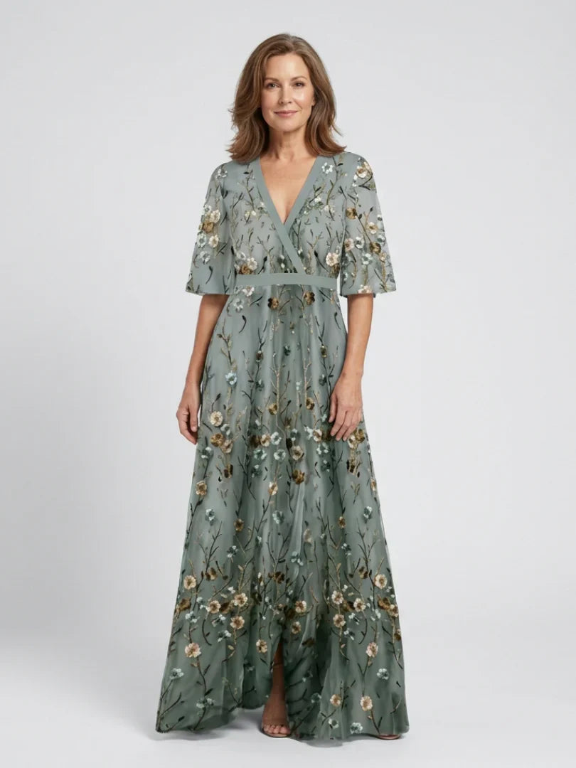 Dames Geborduurde Bloemenprint Maxi Jurk