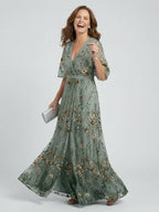 Dames Geborduurde Bloemenprint Maxi Jurk