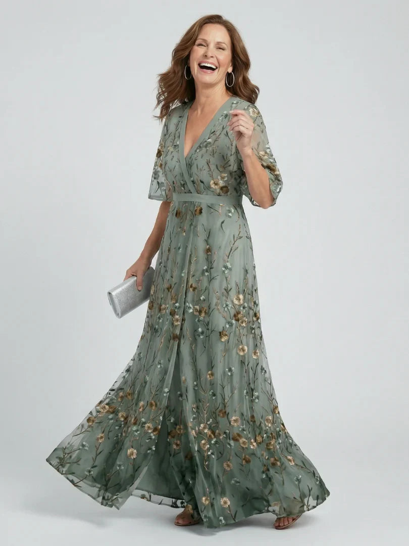 Dames Geborduurde Bloemenprint Maxi Jurk