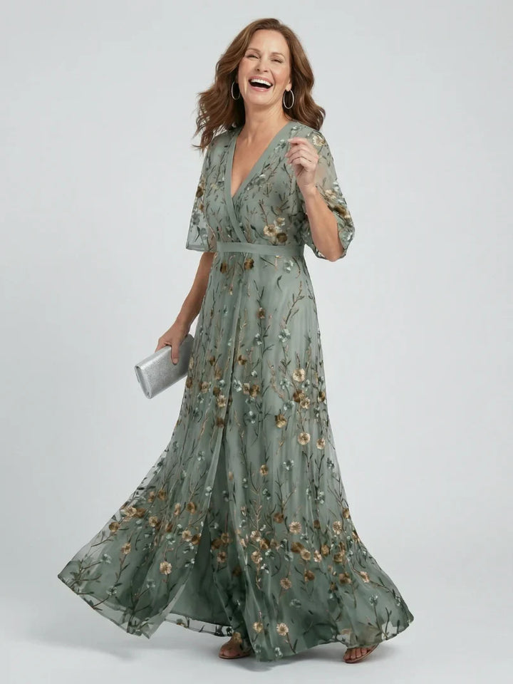 Dames Geborduurde Bloemenprint Maxi Jurk