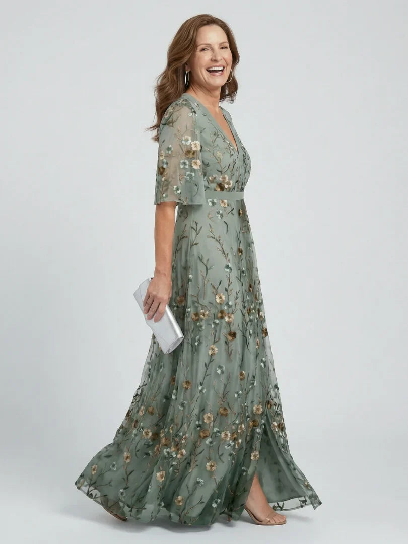 Dames Geborduurde Bloemenprint Maxi Jurk