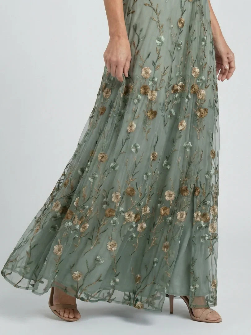 Dames Geborduurde Bloemenprint Maxi Jurk