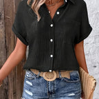 Dames Getextureerde Zomer Blouse Met Knopen