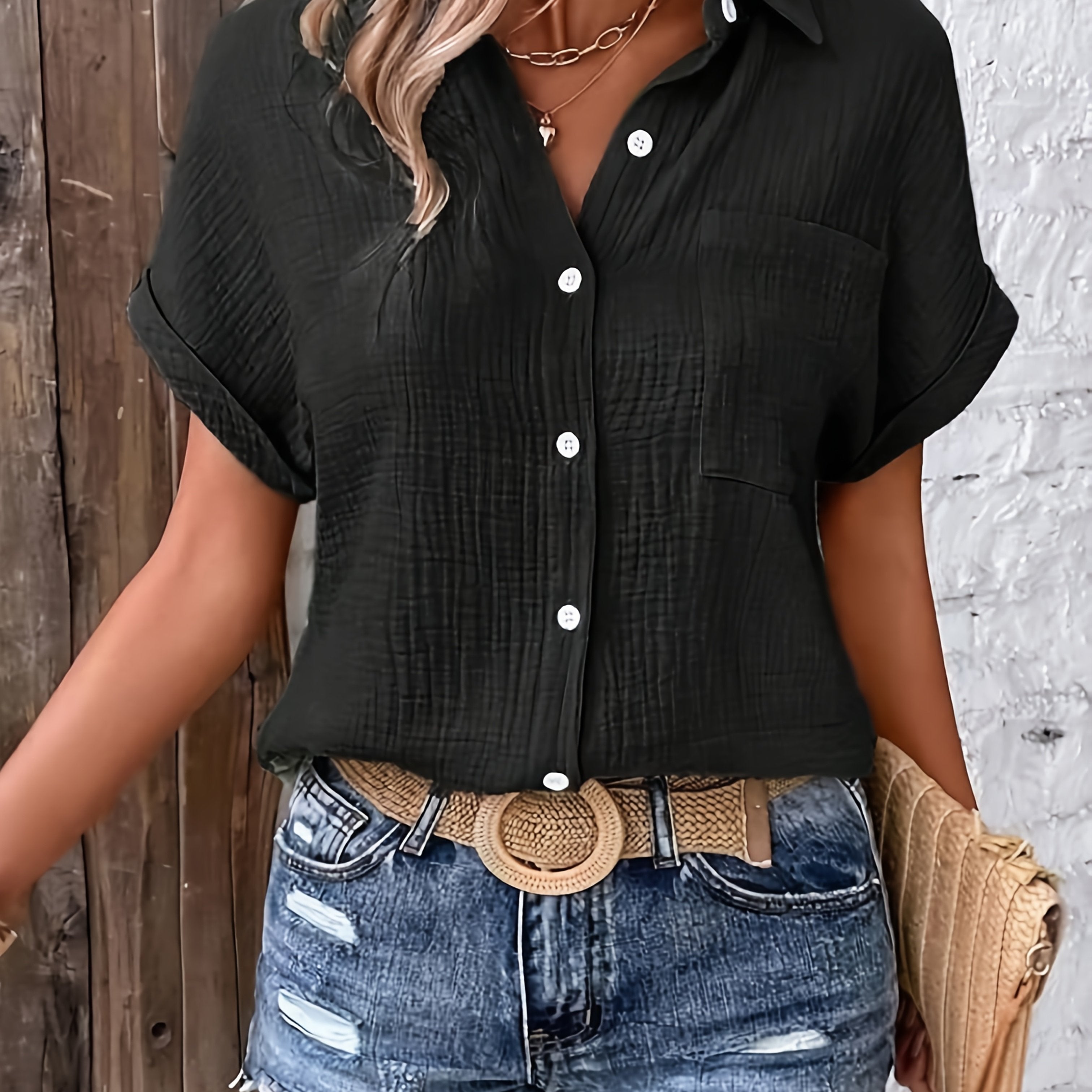 Dames Getextureerde Zomer Blouse Met Knopen
