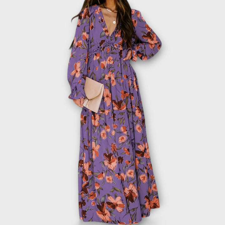 Dames Bloemenprint Maxi Jurk V Hals Lange Mouwen