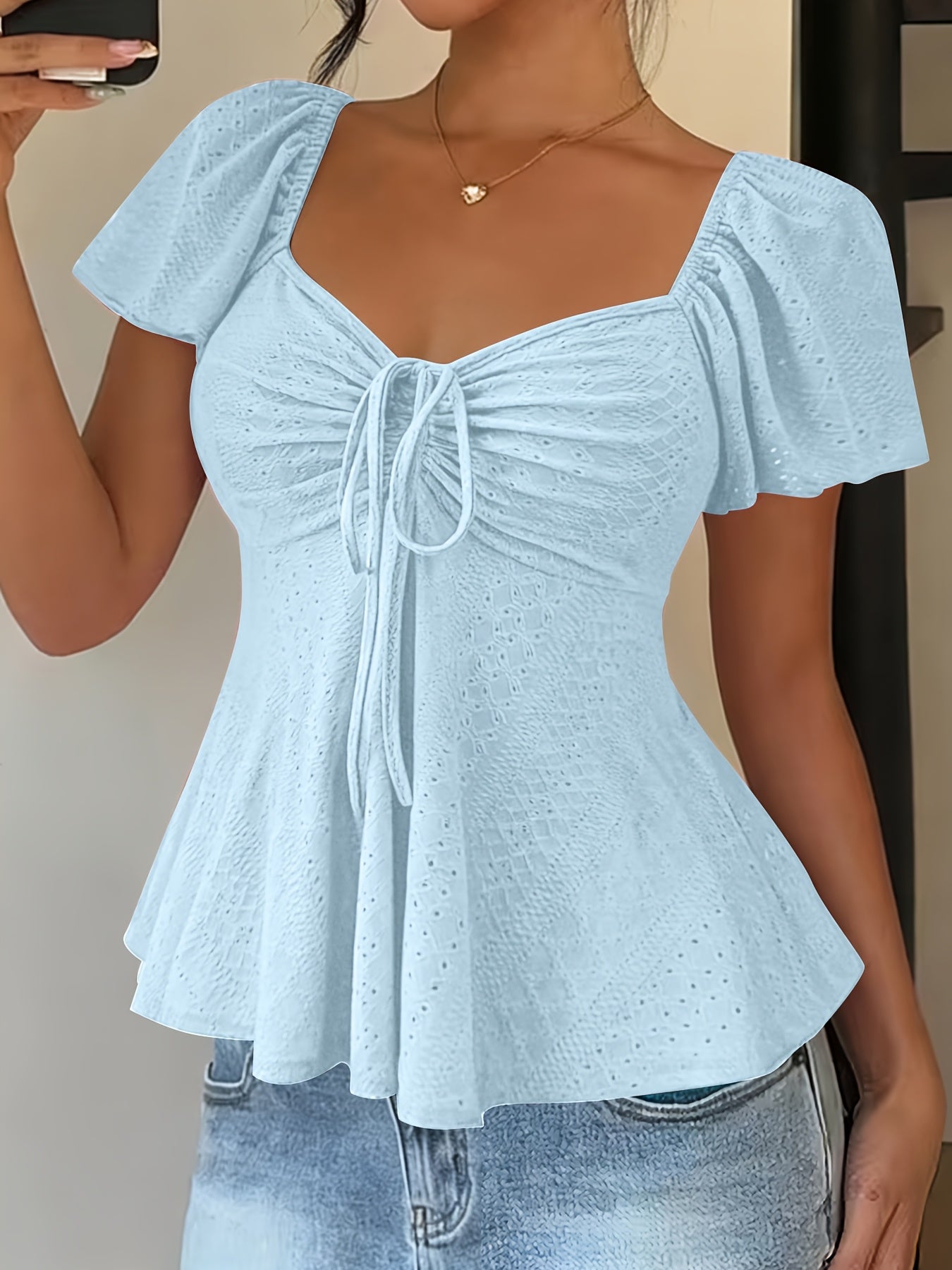 Dames Zomer Blouse Met Trekkoord En V Hals
