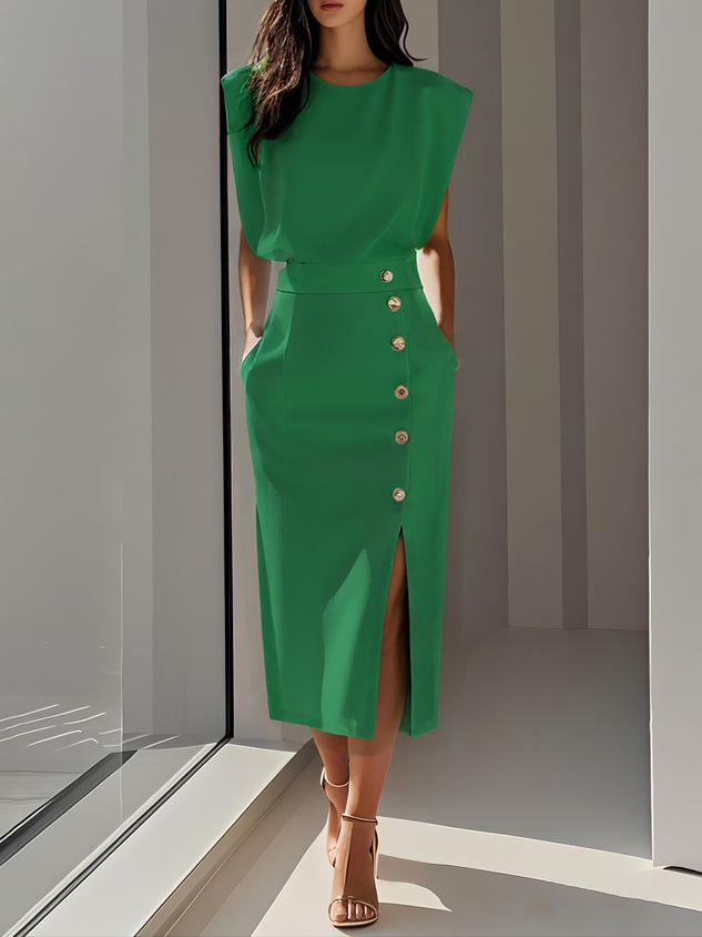 Dames Mouwloze Midi Jurk met Zijknopen