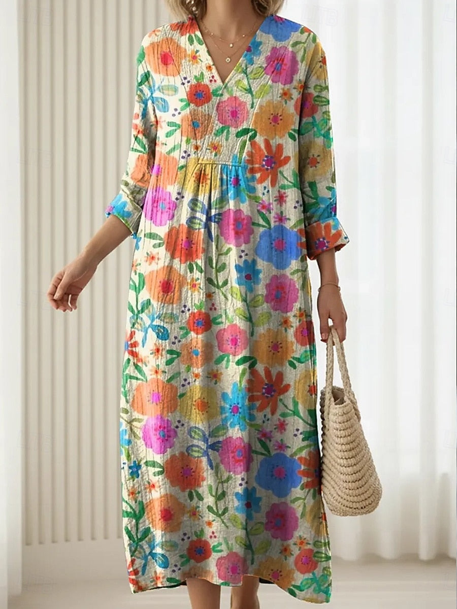 Dames Comfort Midi Jurk Kleurrijke Tuinprint