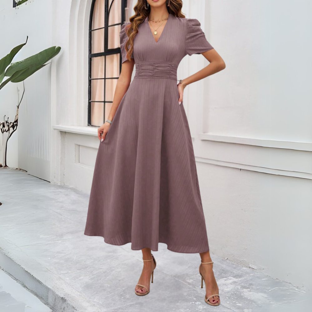 Verona Jurk | Dames Herfst Maxi Jurk met V-Hals, Pofmouwen en Getailleerde Taille