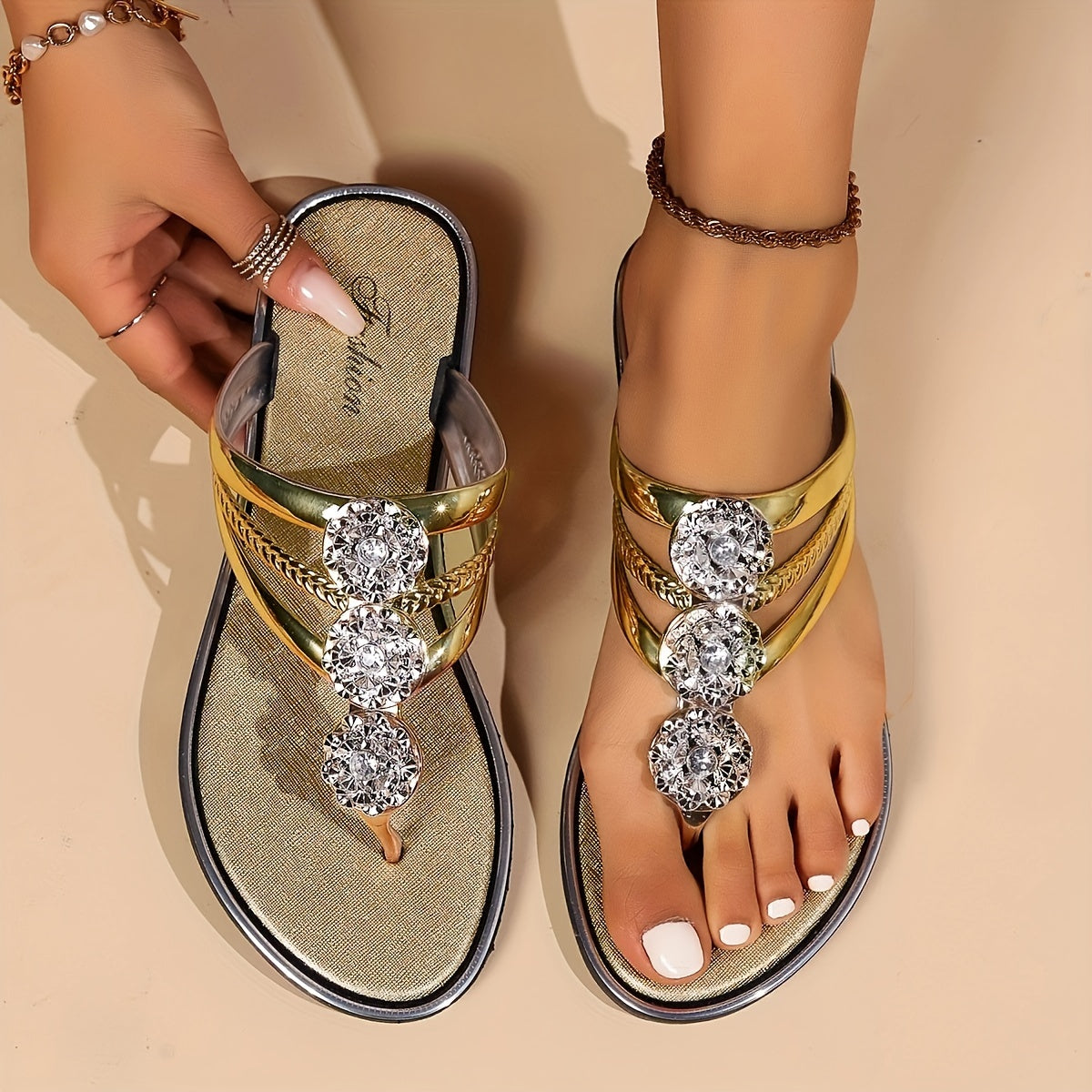 Dames Platte Sandalen met Strass T Bandje