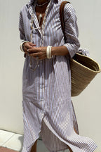 Dames Gestreepte Shirt Maxi Jurk