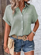 Dames Getextureerde Zomer Blouse Met Knopen