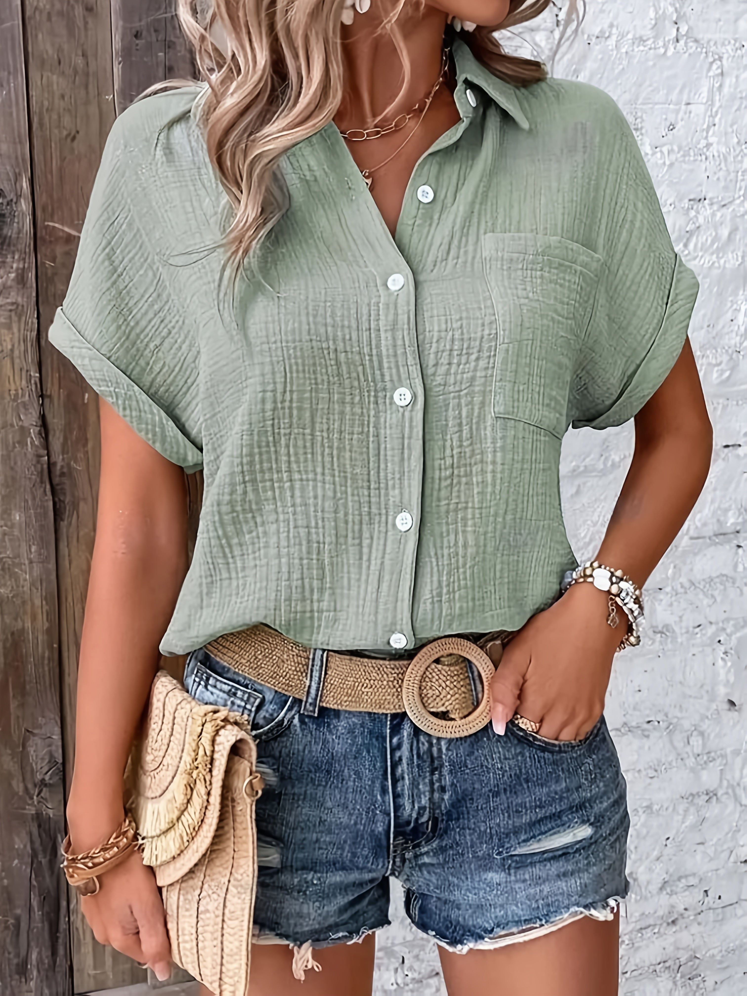 Dames Getextureerde Zomer Blouse Met Knopen