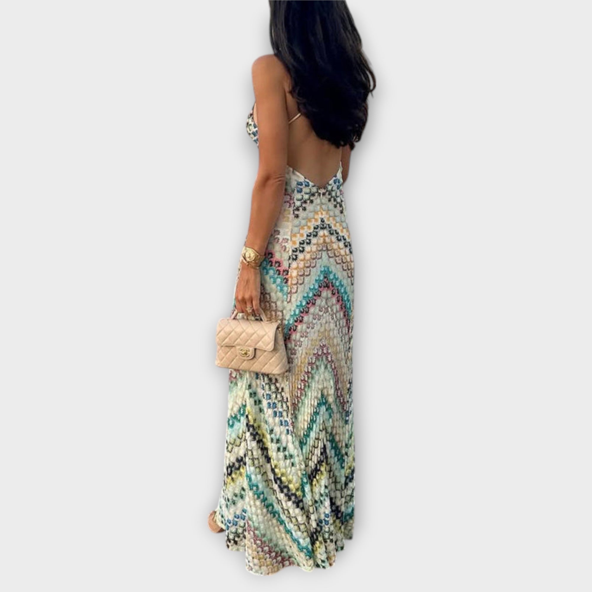 Women's Maxi Dress with Colorful Herringbone Pattern