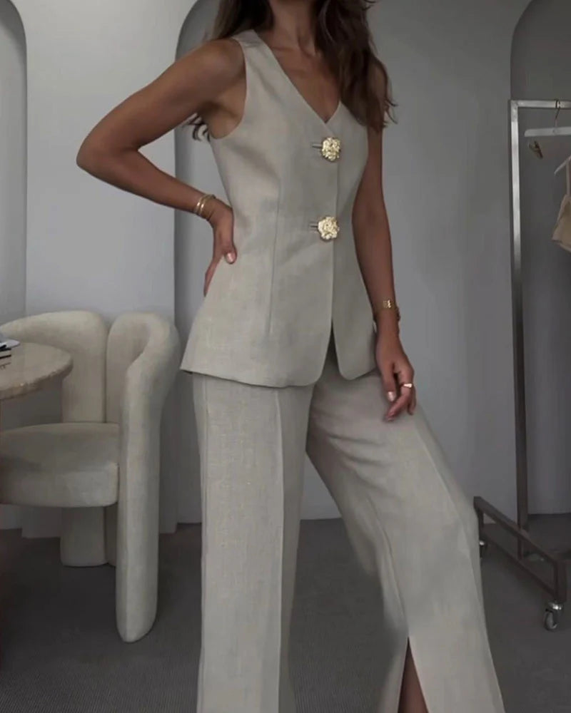 Meghan Set | Vrouwen Gouden Knop Vest en Broek Set