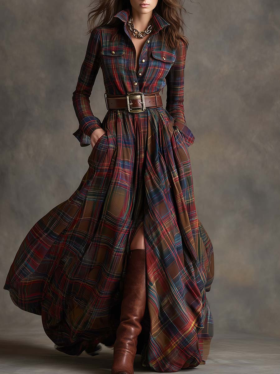 Dames Klassieke Shirt Maxi Jurk met Knopen