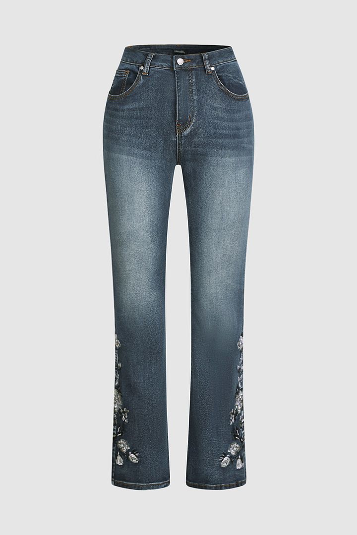 Belka Jeans | Midden taille Flamingo Geborduurde Jeans