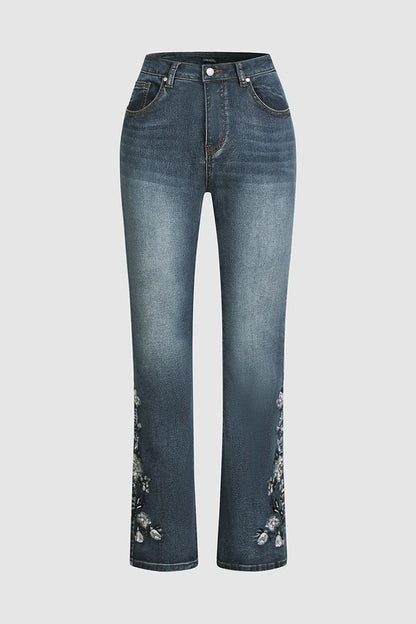 Belka Jeans | Midden taille Flamingo Geborduurde Jeans