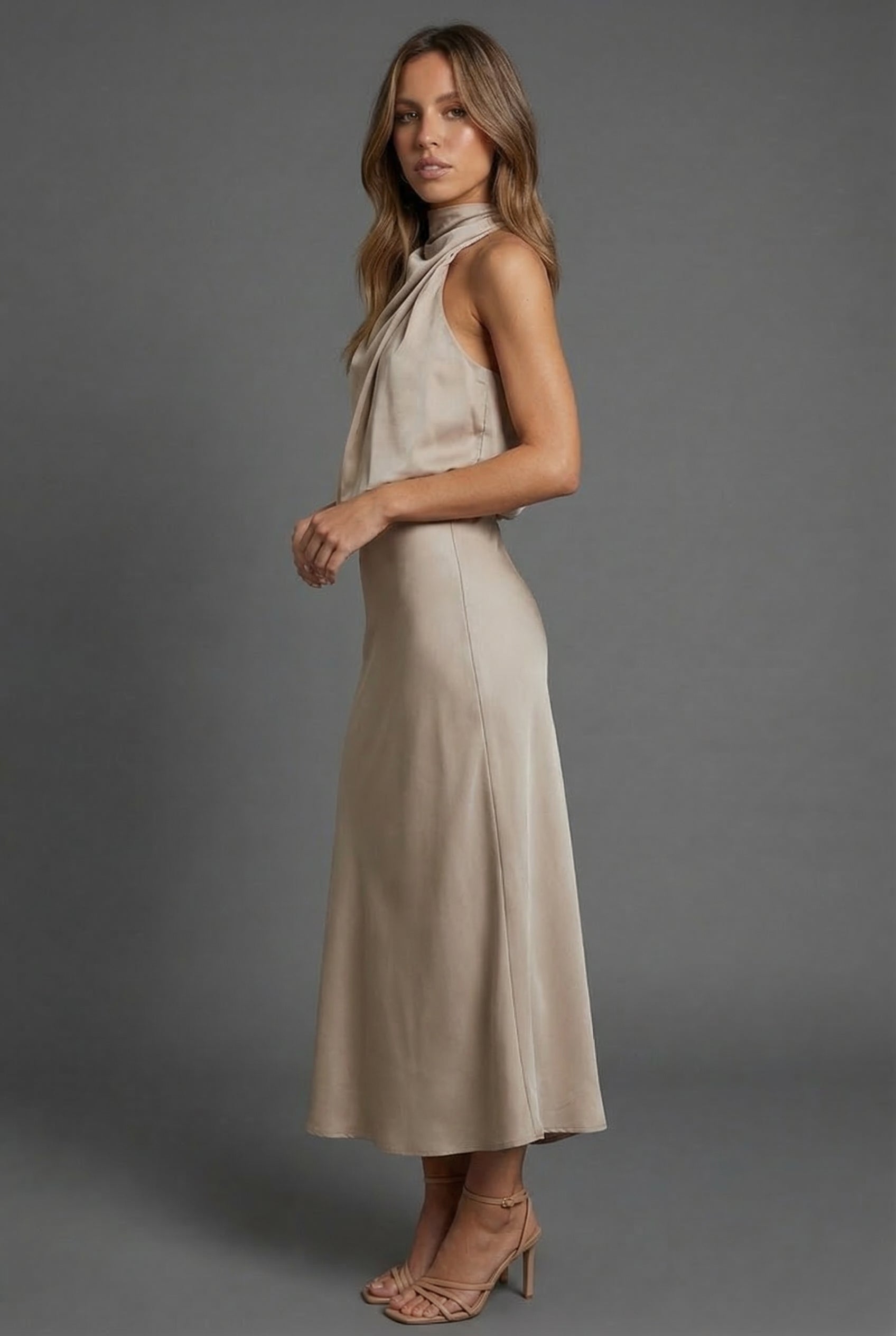 Dames Halter Midi Jurk Satijnen Stijl