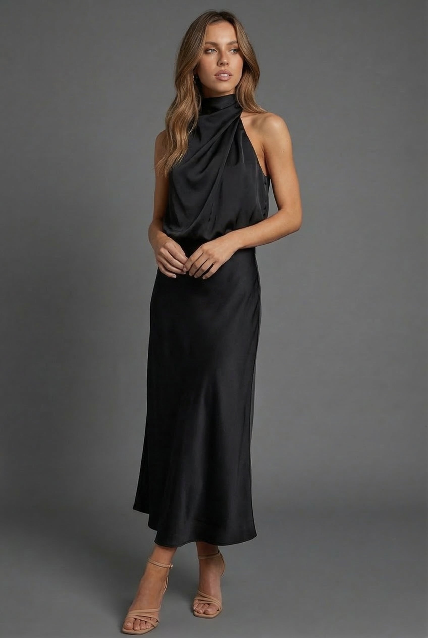Dames Halter Midi Jurk Satijnen Stijl