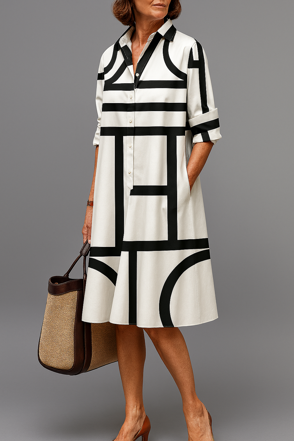 Dames Abstracte Midi Jurk met Artistiek Ontwerp