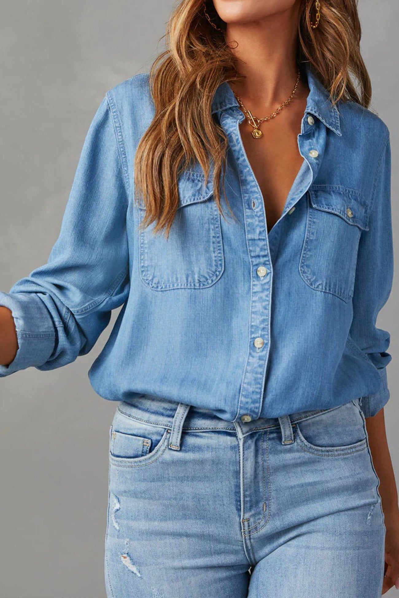 Salome Blouse | Dames Herfst Denim Blouse met Knopen en Lange Mouwen