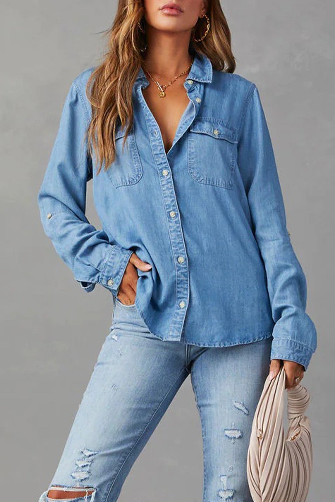 Salome Blouse | Dames Herfst Denim Blouse met Knopen en Lange Mouwen