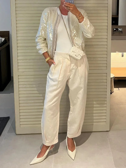 Zaheera Jas | Pailletten Bomber Jas in Beige