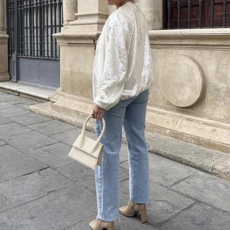 Zaheera Jas | Pailletten Bomber Jas in Beige