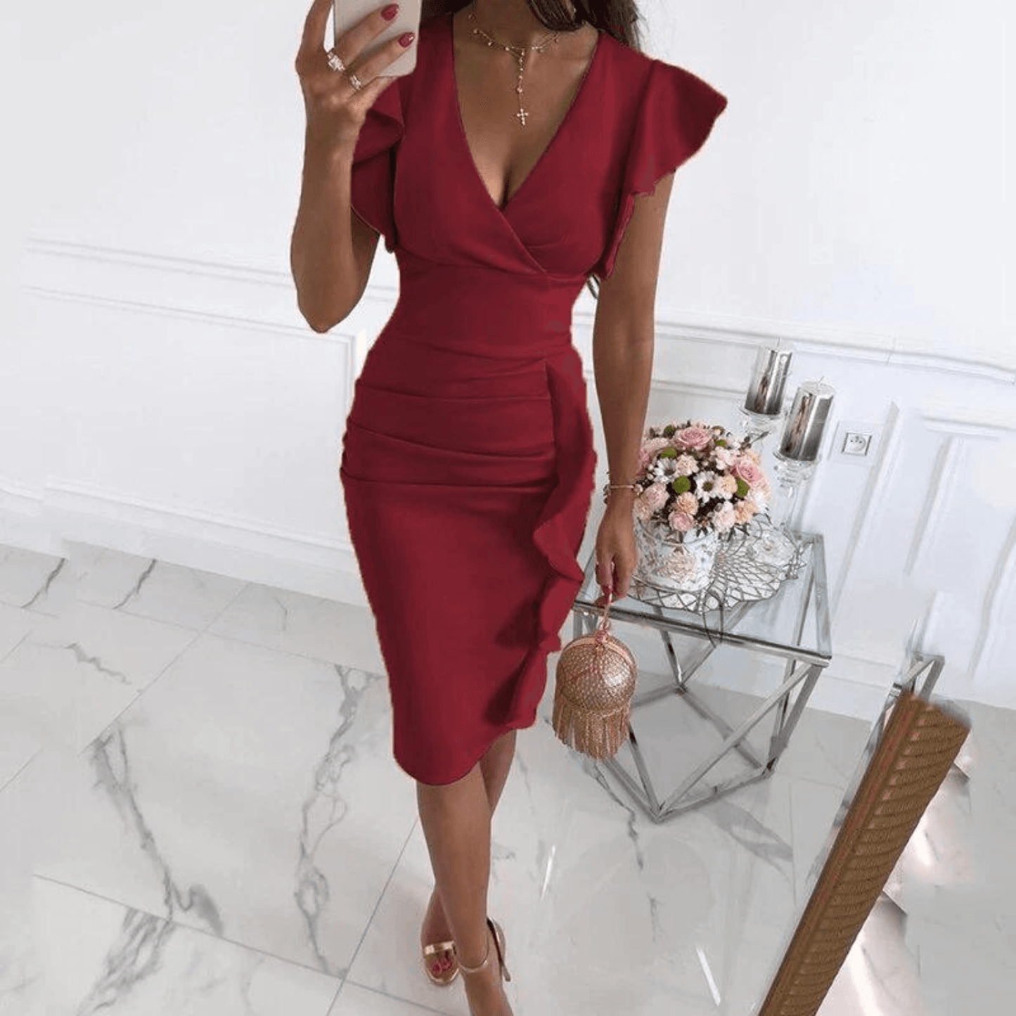 Bonita Jurk | Met Ruches en een V-hals - Carla Moda