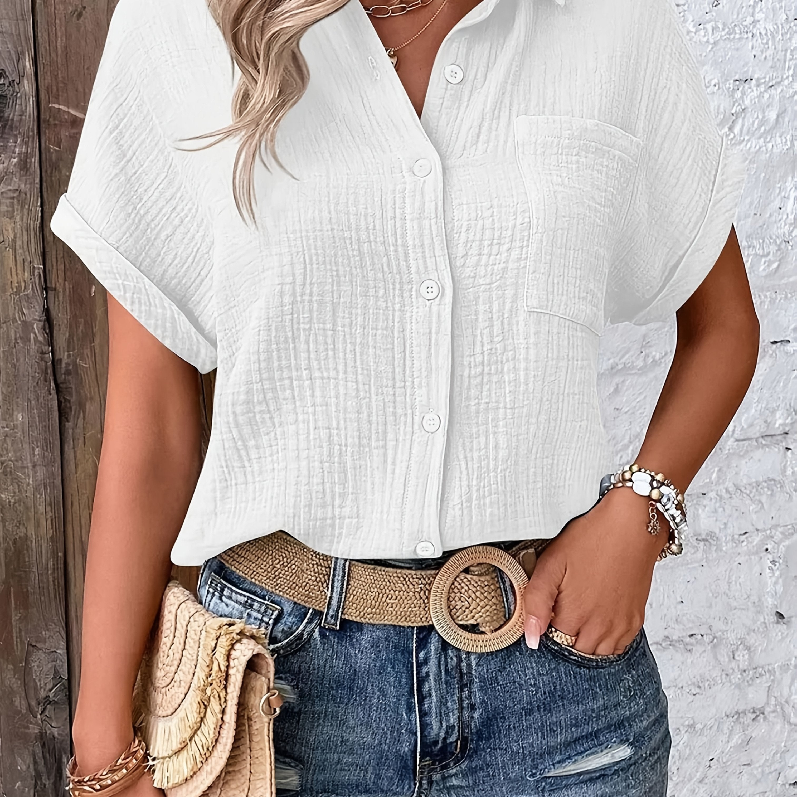 Dames Getextureerde Zomer Blouse Met Knopen