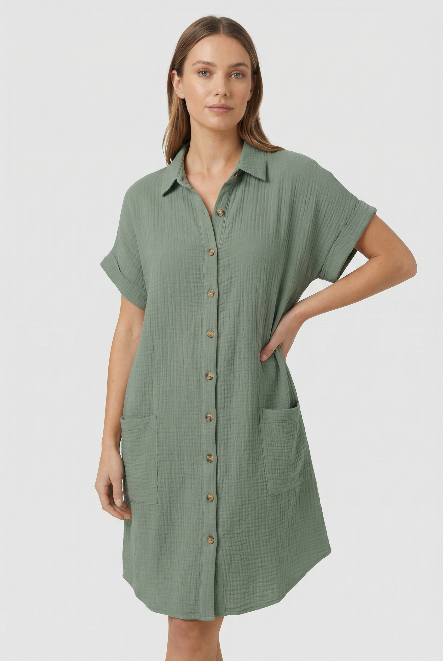 Women's Cotton Blend Shirt Mini Dress Short Sleeve