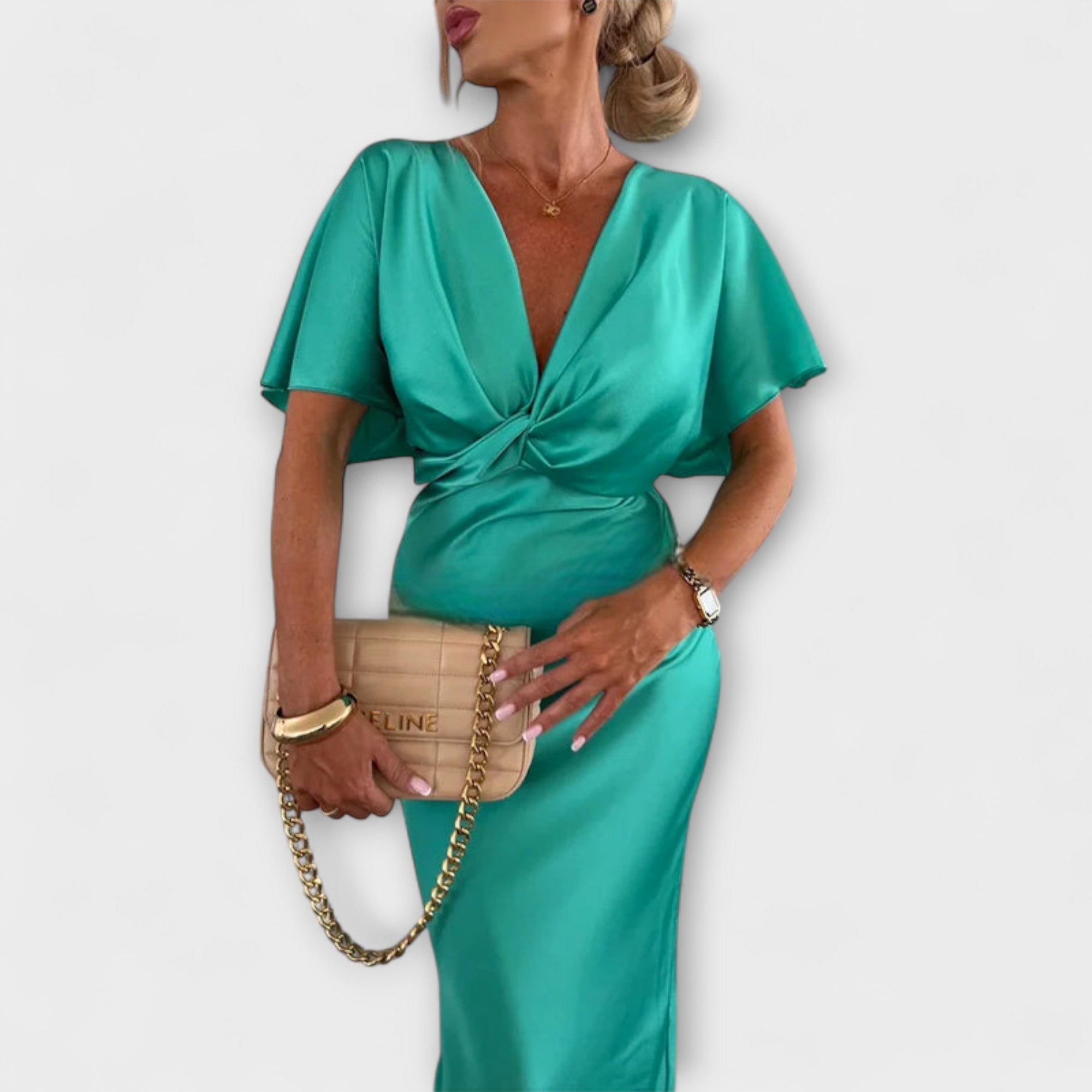 Dames Satin Maxi Jurk met V-hals en Slim Fit