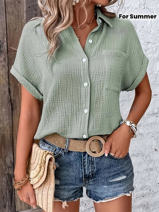 Dames Getextureerde Zomer Blouse Met Knopen