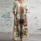 Dames Patchwork Maxi Jurk V Hals Lange Mouwen