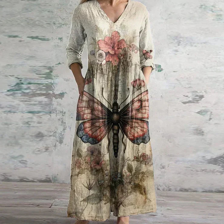 Dames Patchwork Maxi Jurk V Hals Lange Mouwen