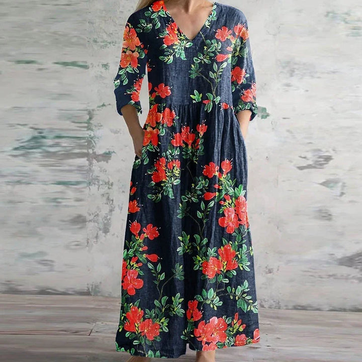 Dames Patchwork Maxi Jurk V Hals Lange Mouwen