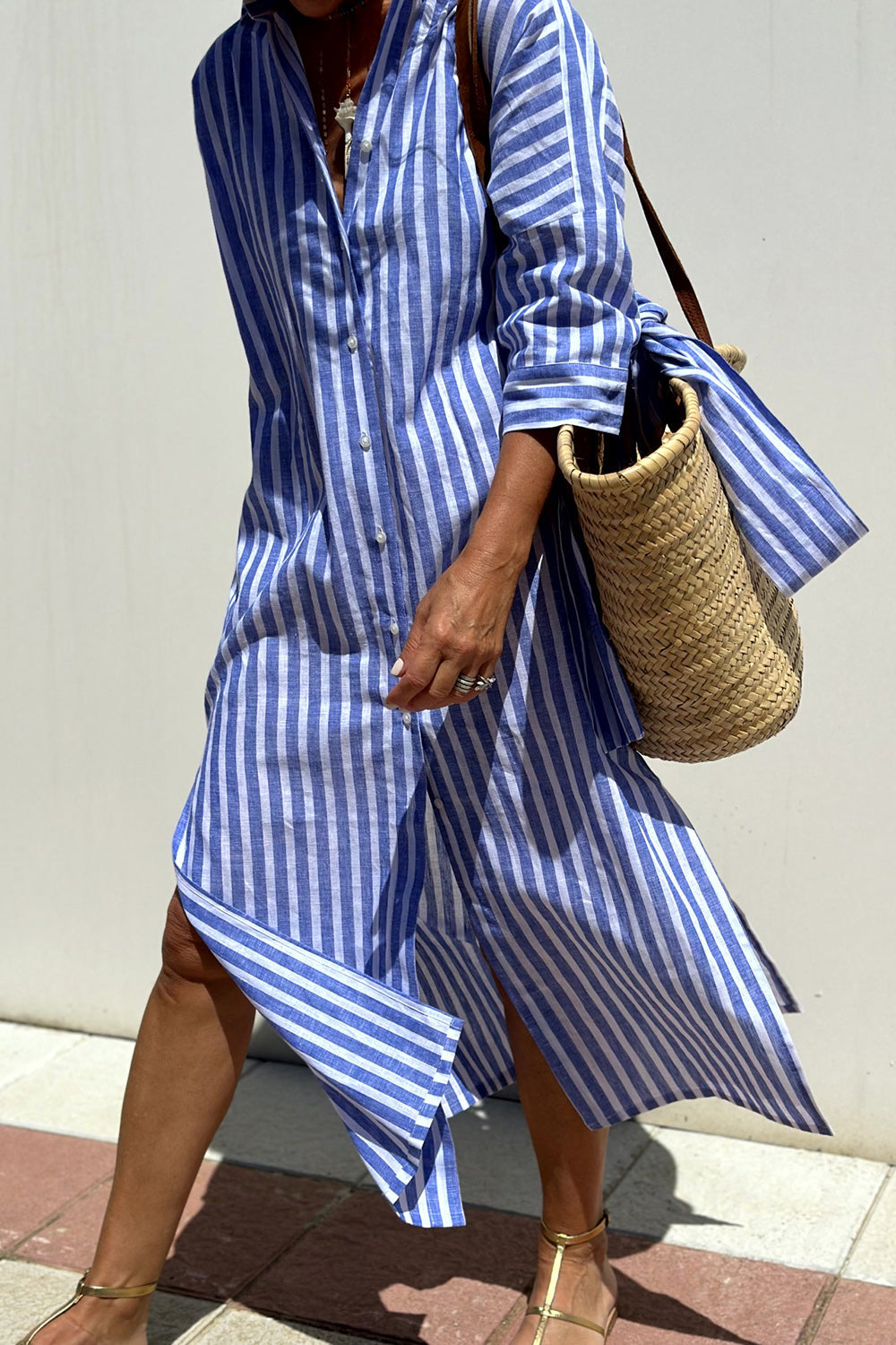 Dames Gestreepte Shirt Maxi Jurk