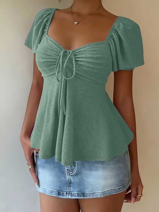 Dames Zomer Blouse Met Trekkoord En V Hals