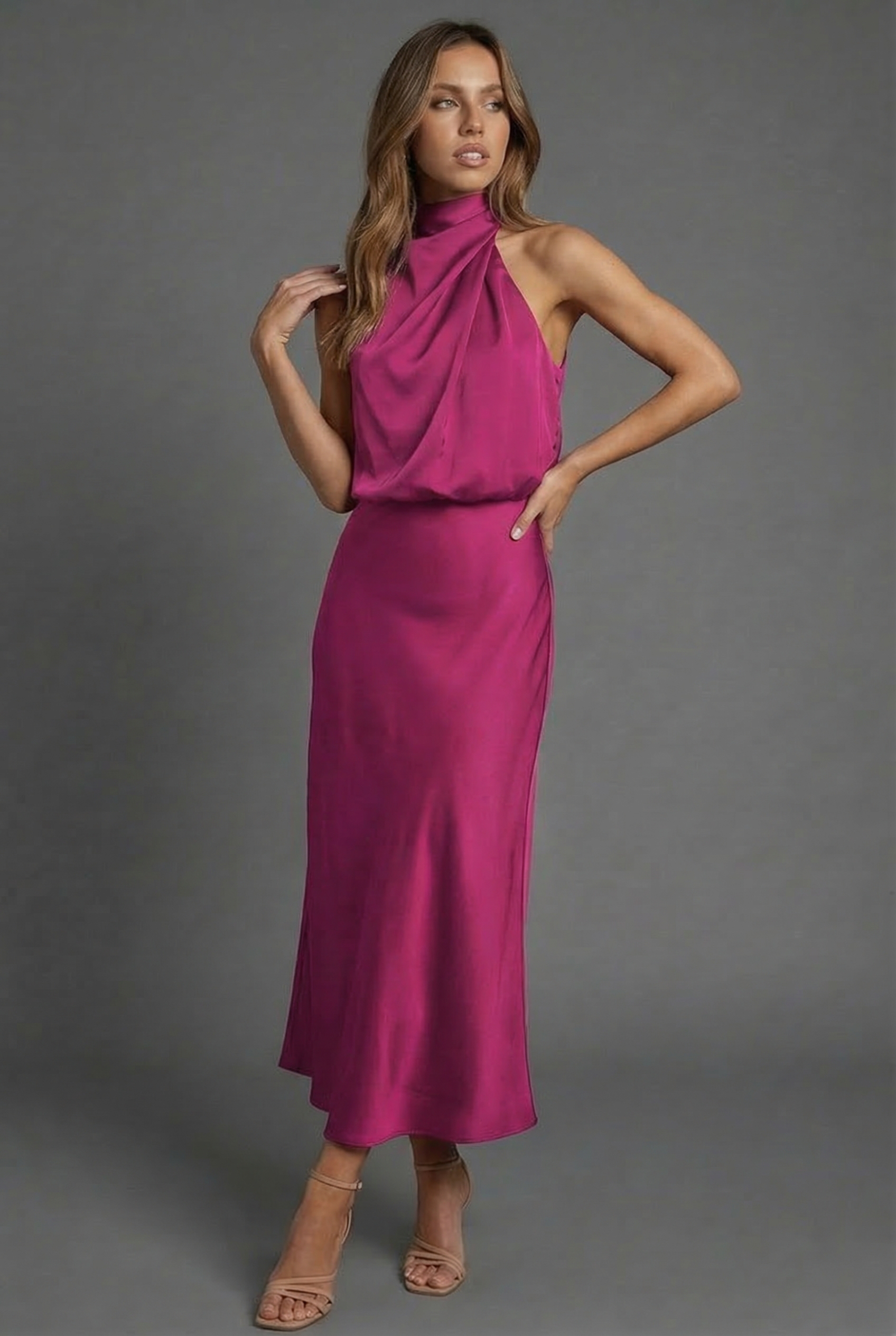 Dames Halter Midi Jurk Satijnen Stijl
