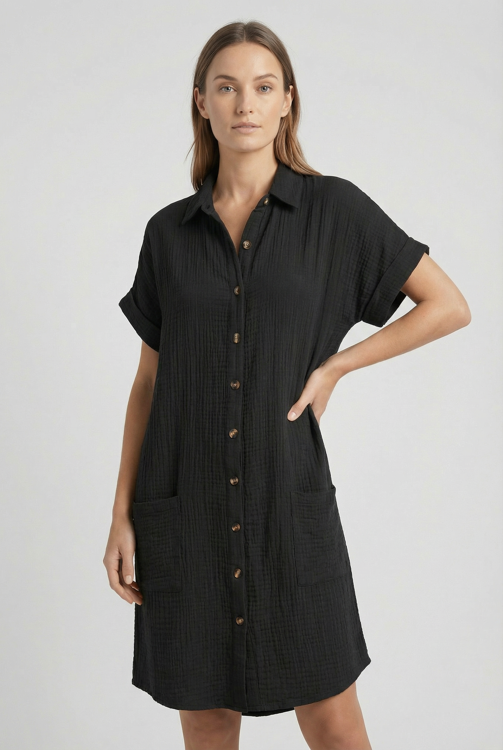 Women's Cotton Blend Shirt Mini Dress Short Sleeve