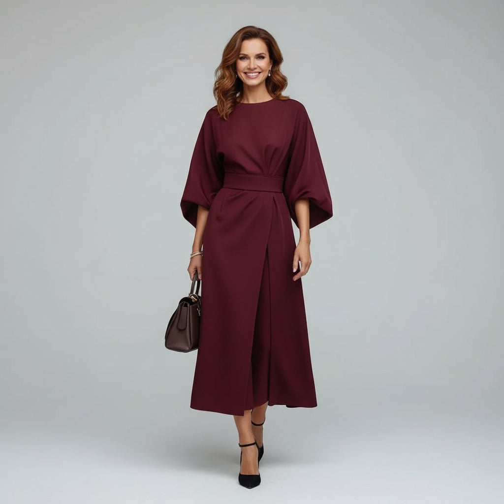 Dames Midi Jurk met Riem en Wijde Mouwen