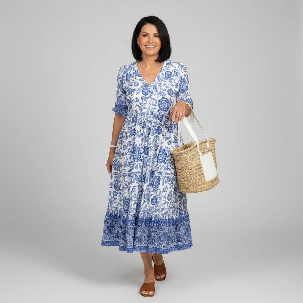 Dames Gelaagde Bloemenprint Midi Jurk