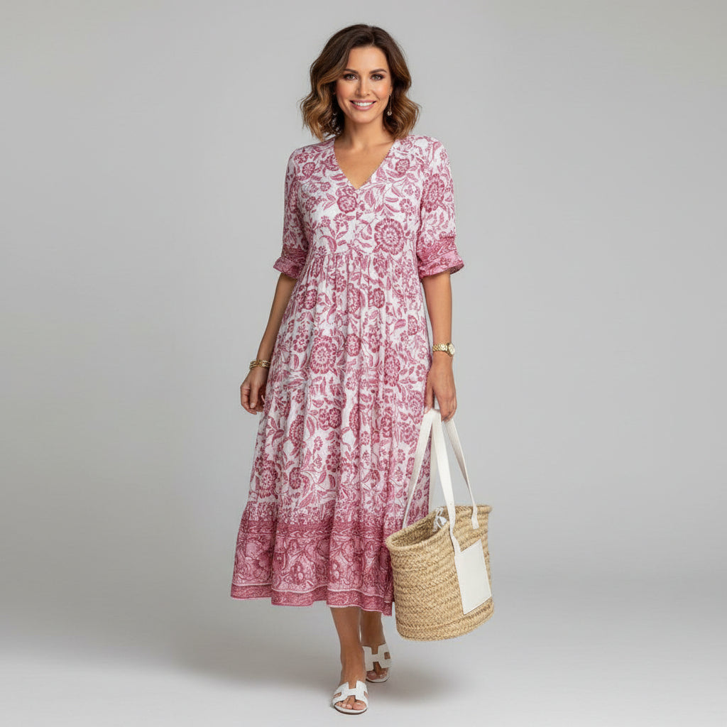 Dames Gelaagde Bloemenprint Midi Jurk