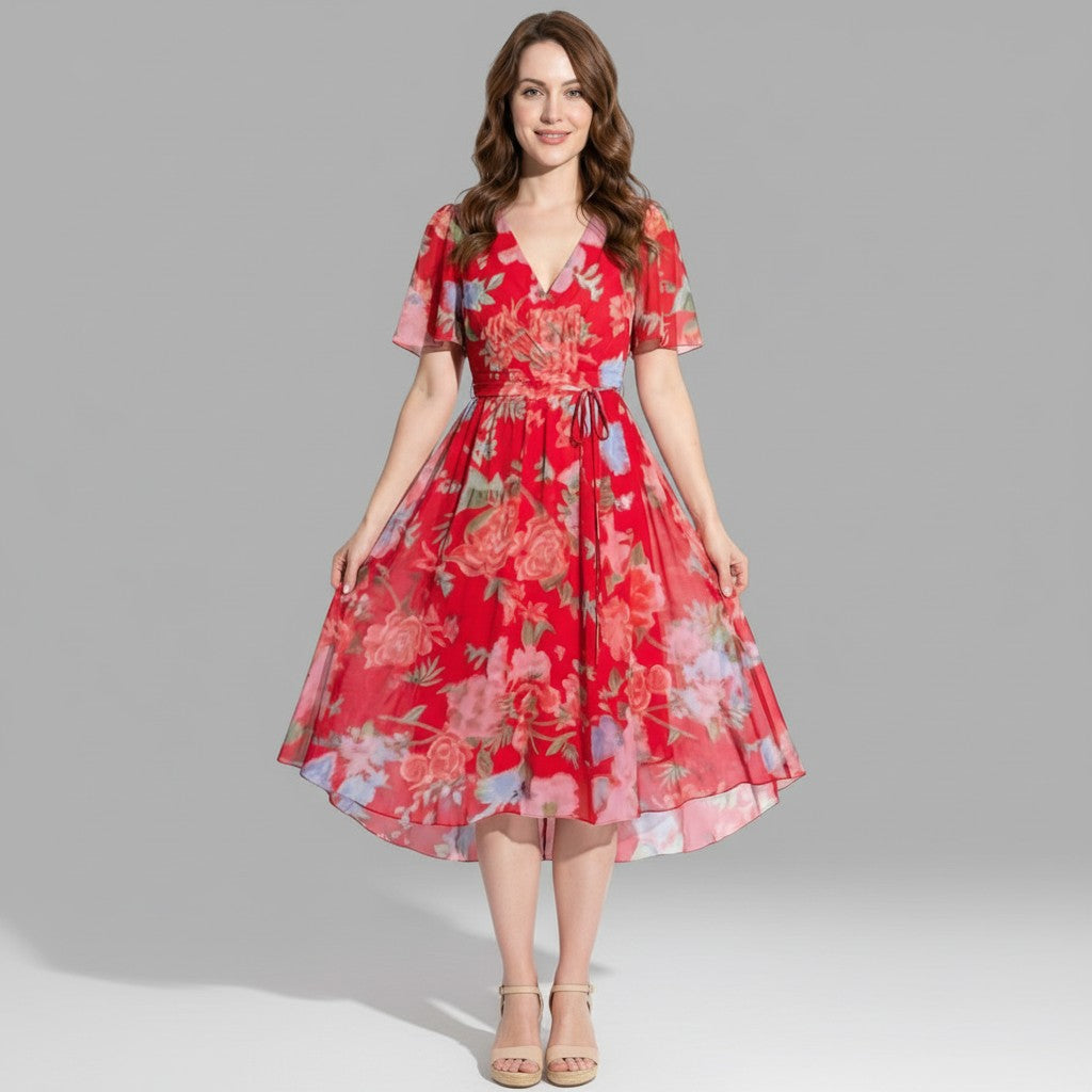 Dames Elegante Bloemenprint Midi Jurk