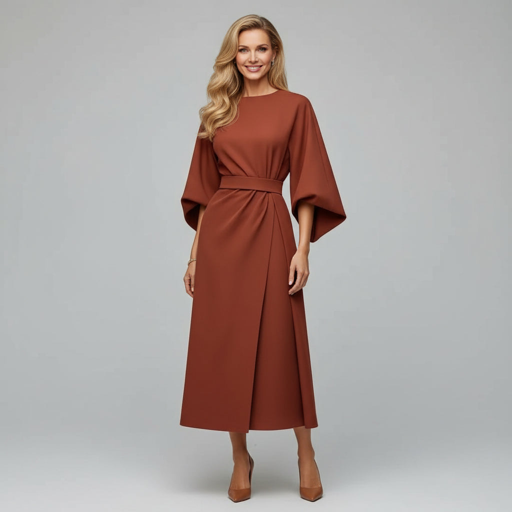 Dames Midi Jurk met Riem en Wijde Mouwen