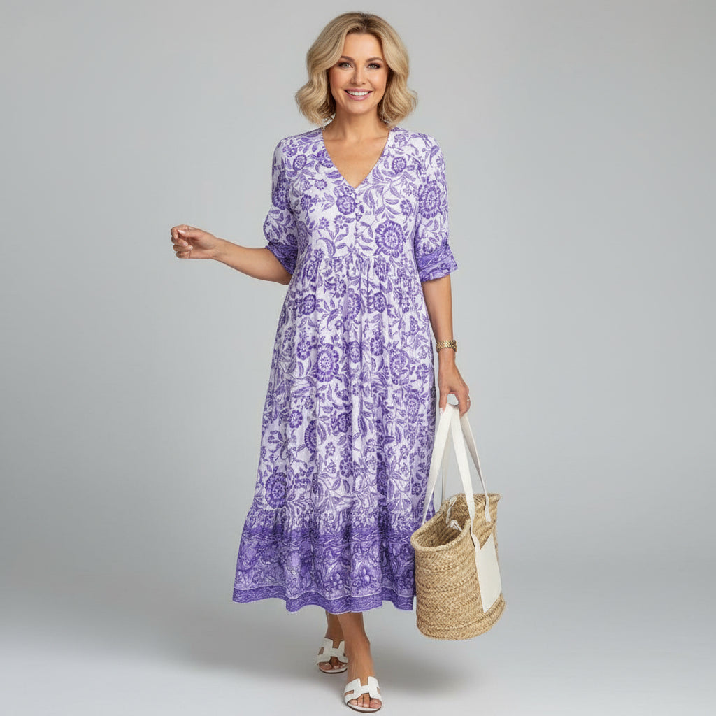 Dames Gelaagde Bloemenprint Midi Jurk