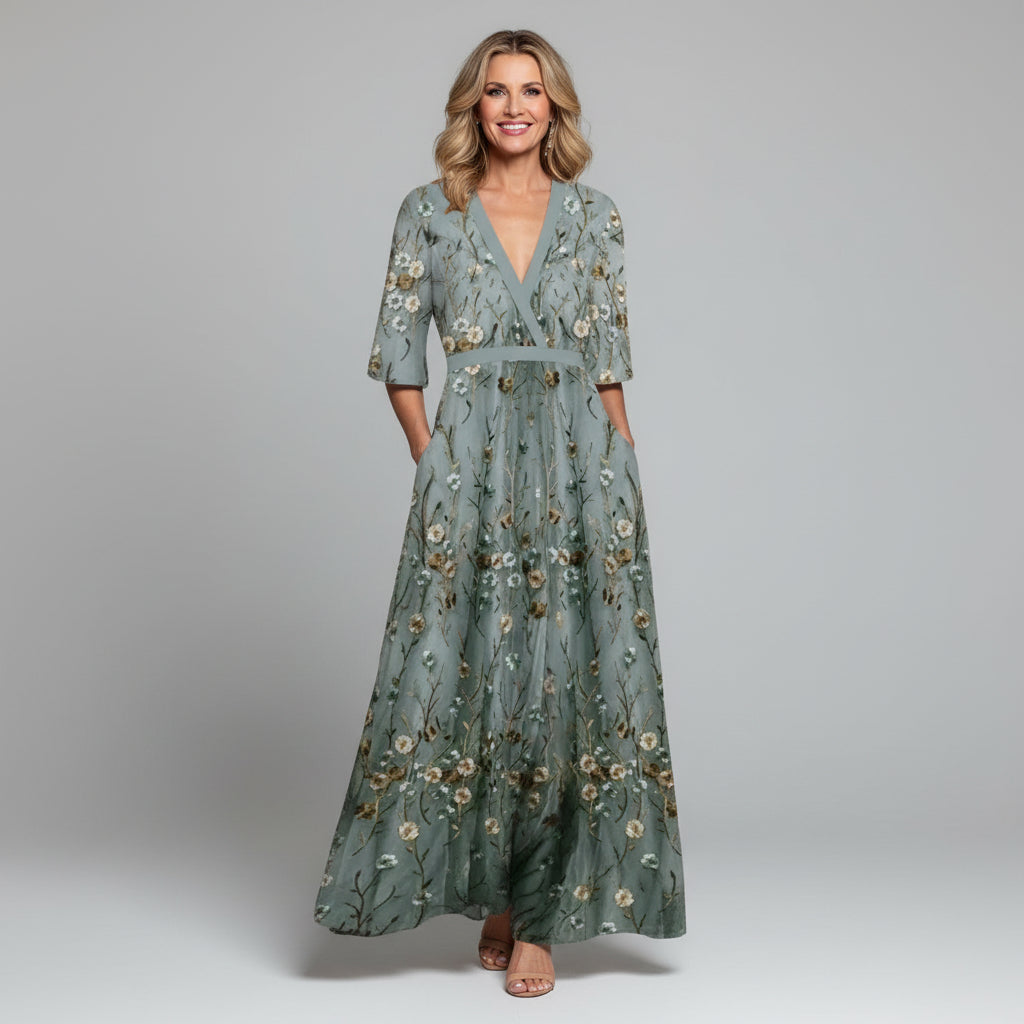 Dames Geborduurde Bloemenprint Maxi Jurk